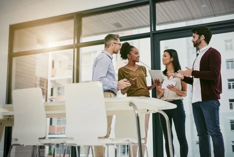 group of colleagues having a meeting in a modern office